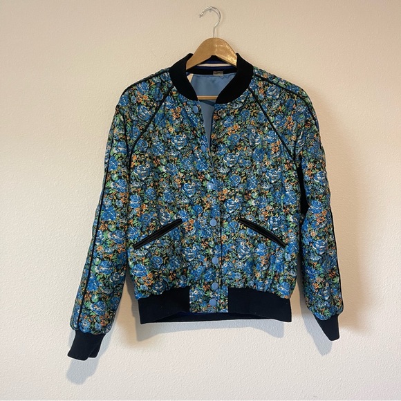 Vintage Coach Reversible Varsity Jacket M/L Blue Satin Bomber Floral Snap *Flaw - Picture 11 of 16